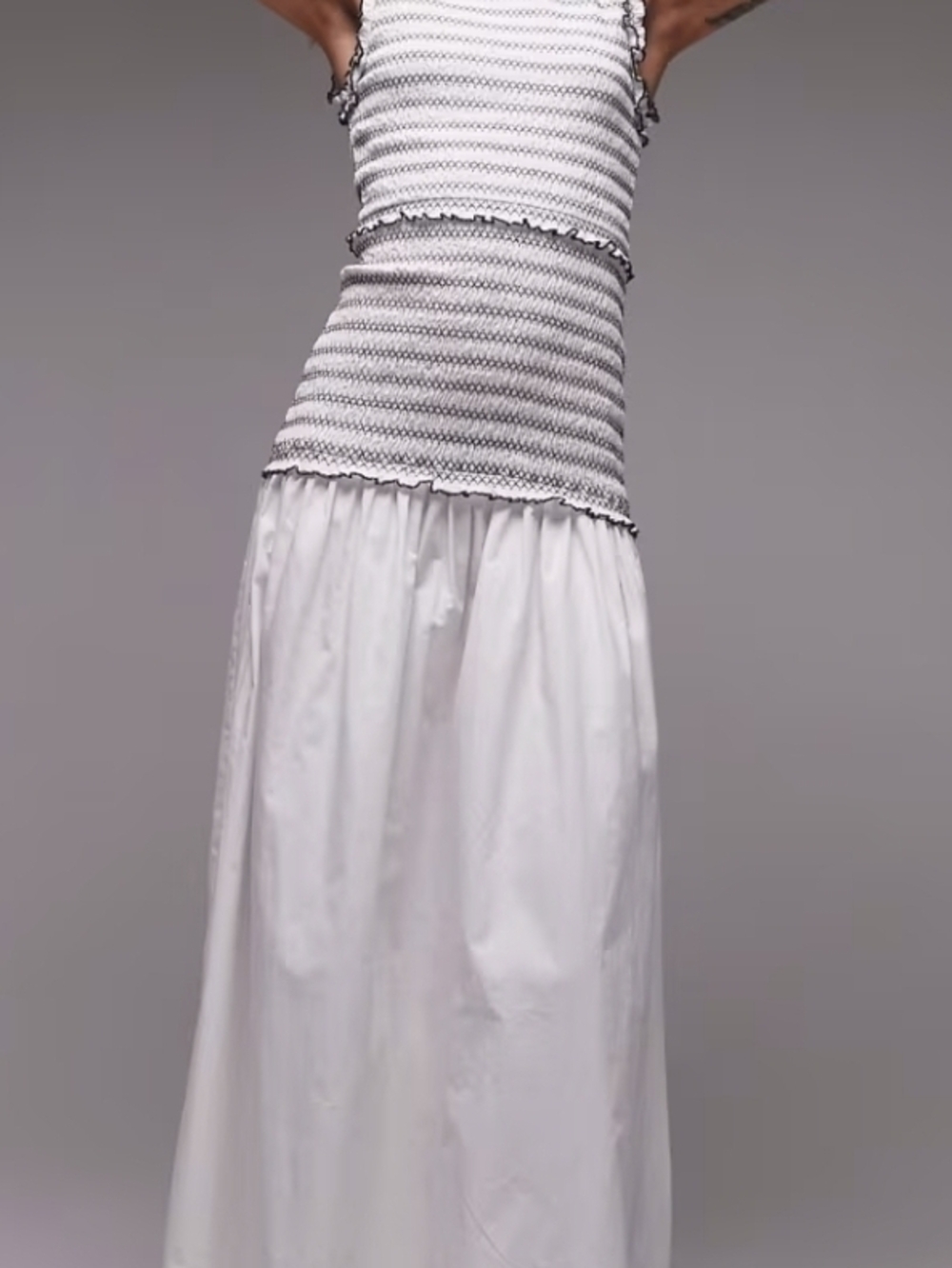 TopShop Sleeveless Contrast Stitch Shirred Cotton White Dress Sz 14 Preloved